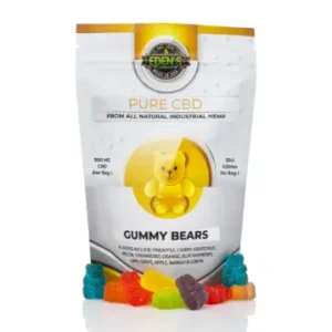 Colorful gummy bears in front of a Pure CBD gummy bears package.