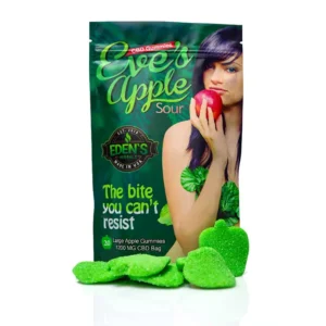 Green Apple Sour candy with a woman holding a green apple.